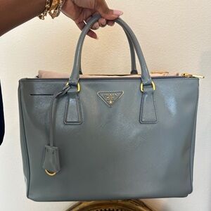 Prada Saffiano Medium Patent Leather Galleria Double Zip Tote in Color Lago
